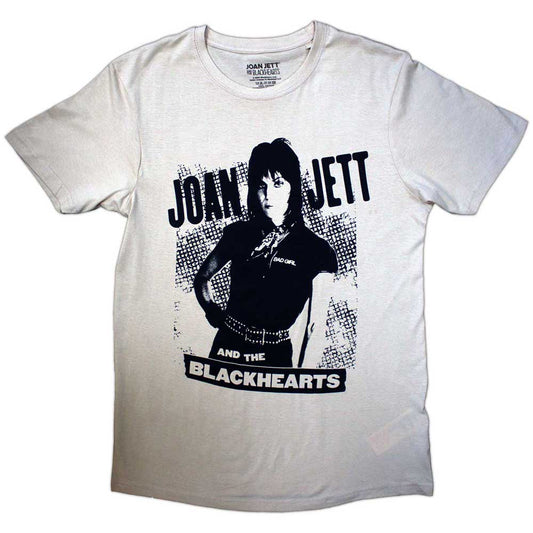 Black unisex t-shirt with a crosshatch texture, featuring Joan Jett imagery.
