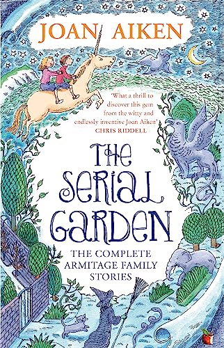 Book cover: children riding a unicorn in a whimsical, illustrated garden.