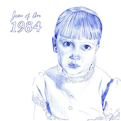 Blue ink sketch of a young girl with bangs, text reads Joan of Arc 1984.