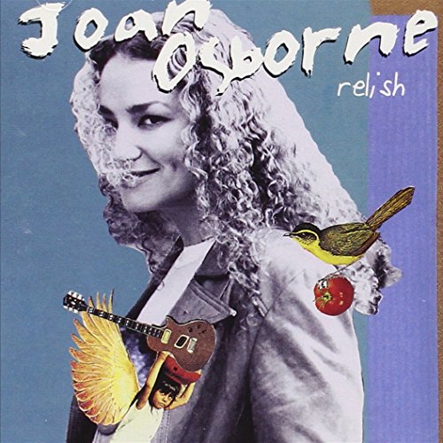 Joan Osborne’s “Relish” CD cover with her portrait, a bird, and guitar.