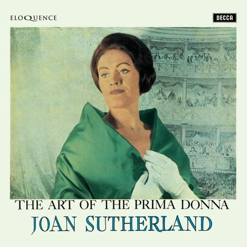 CD cover featuring a portrait of opera singer Joan Sutherland in green.