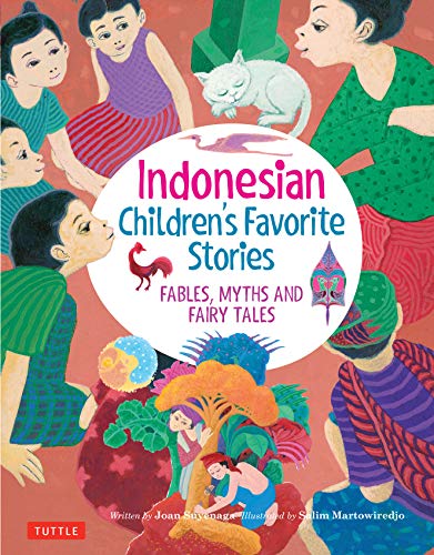 Book cover: “Indonesian Children’s Favorite Stories” with illustrated children and folklore.