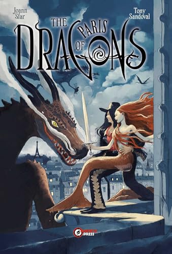 A dragon faces a mermaid and a man on a Paris rooftop at night.