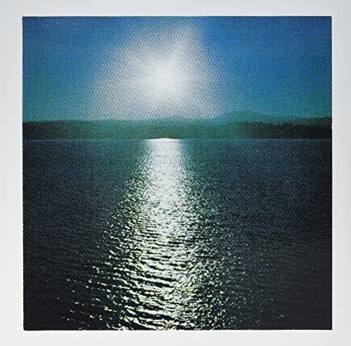 Sunlight reflecting on dark water with a distant forested shoreline.