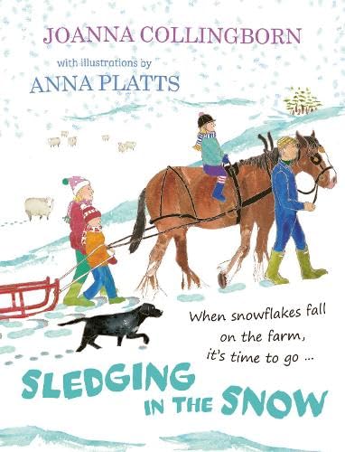 Children sledding with a horse and dog in a snowy farm landscape.