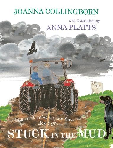 A tractor with two people stuck in mud under a stormy sky with animals.