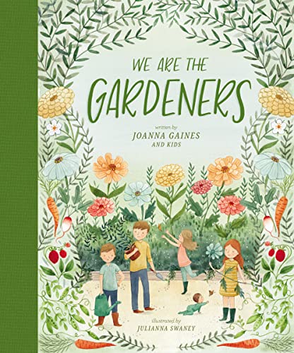 Book cover: “We Are the Gardeners” with family and floral illustrations.