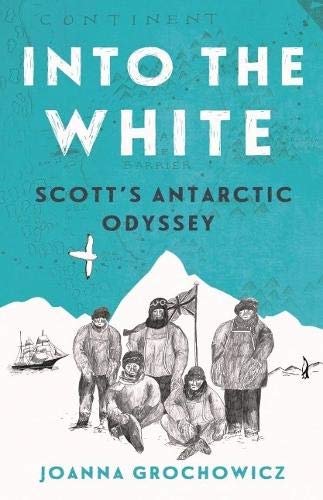 Book cover with a teal background, explorers in winter gear, a ship, and a plane.