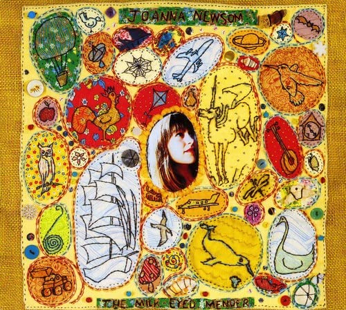 CD cover for Joanna Newsom’s “The Milk-Eyed Mender,” featuring embroidered imagery.
