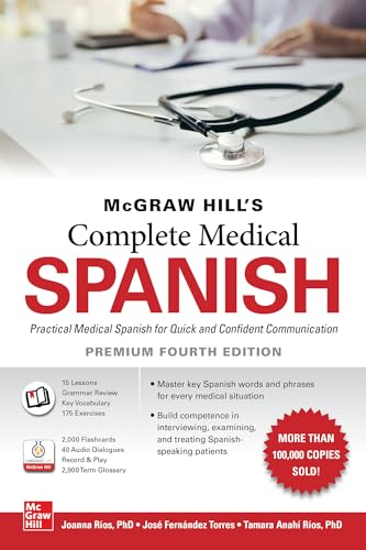 Book cover: "McGraw Hill's Complete Medical Spanish, Premium Fourth Edition" with stethoscope.