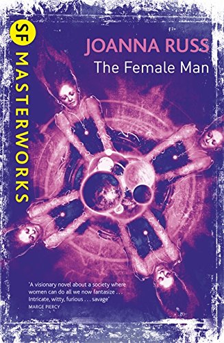 Book cover for The Female Man featuring four women surrounding glowing orbs in purple.