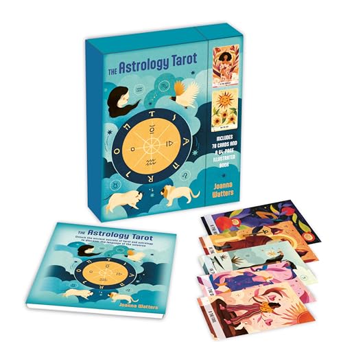 Blue tarot deck box with zodiac symbols, cards, and illustrated guidebook.