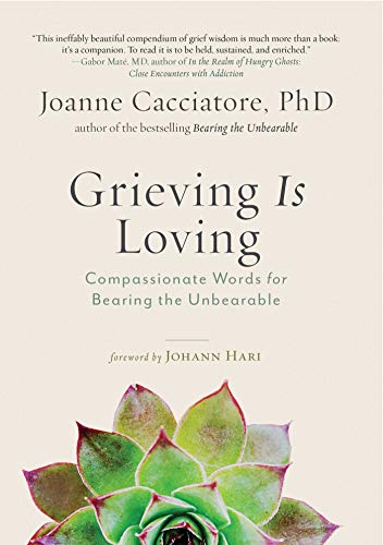 Book cover with title “Grieving Is Loving” and a succulent plant.