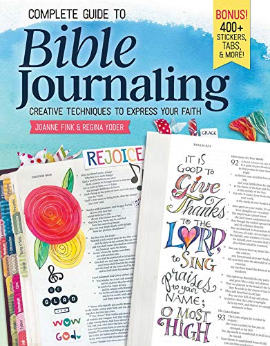 Bible journaling guide with colorful stickers, hand lettering, and open pages.