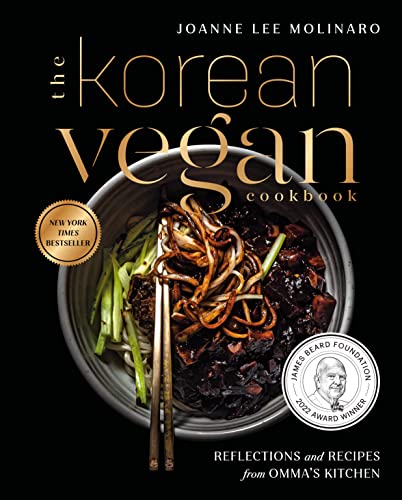 Book cover for The Korean Vegan Cookbook featuring a bowl of noodles with chopsticks.