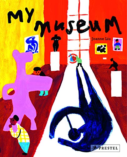 Colorful, stylized illustration of people visiting a museum with paintings and sculptures.