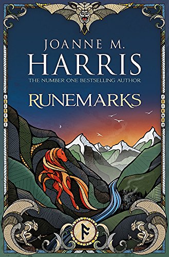Book cover for “Runemarks” featuring a red horse and mountain landscape.