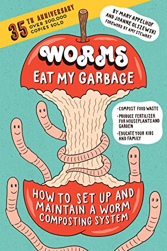 Book cover with cartoon worms emerging from a red apple.
