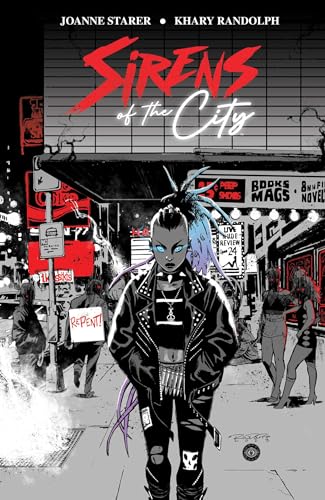 Book cover: woman with blue hair, city street, and bold red title.