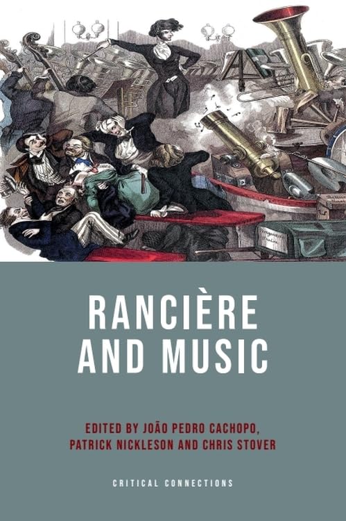 Book cover: “Rancière and Music” with vintage illustration of musicians.