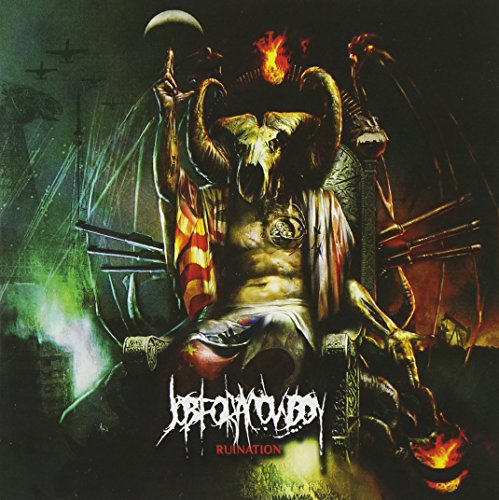 "Album cover art for 'Ruination' by Job for a Cowboy, featuring a grotesque, horned figure."