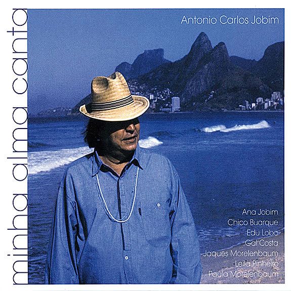CD cover: Antonio Carlos Jobim in a straw hat, Rio de Janeiro backdrop.