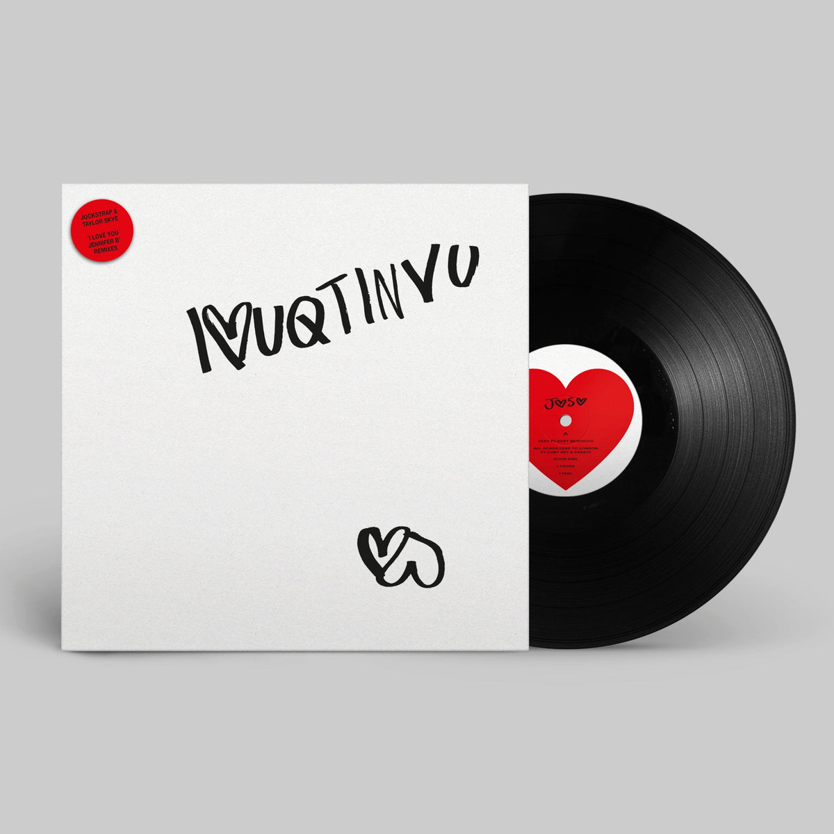Black vinyl record with white handwritten text and heart drawings.
