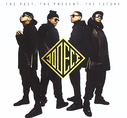 Four men in black clothing stand behind a gold Jodeci logo on white background.