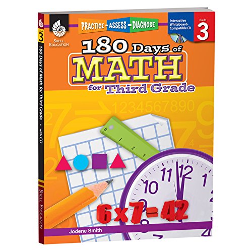 Third grade math workbook cover with numbers, shapes, and a clock.