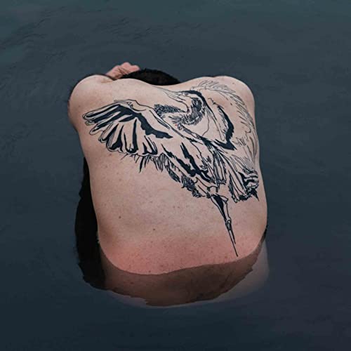 Man's back with large heron tattoo partially submerged in dark water.