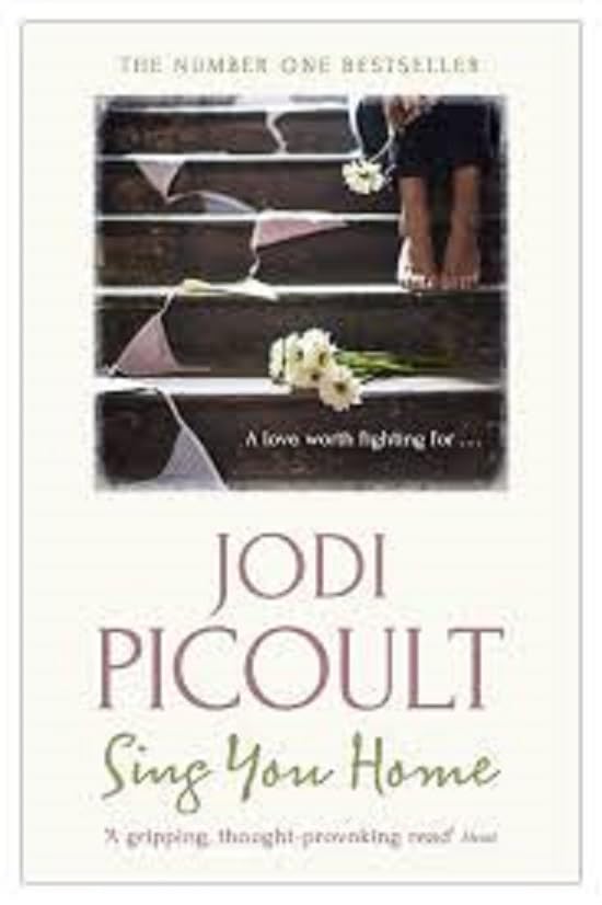 Book cover showing bare feet on wooden stairs with white flowers and bunting.