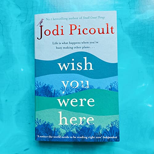 Book cover, "Wish You Were Here" by Jodi Picoult, with blue wave design.