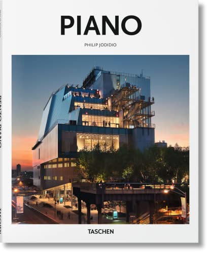 Book cover featuring a modern building at dusk, titled "Piano.