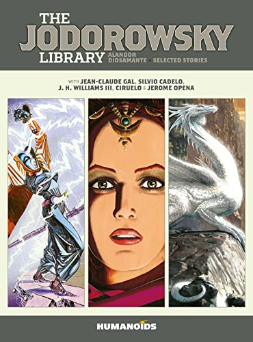 Book cover featuring three vertical panels with a fantasy warrior, woman, and white dragon.