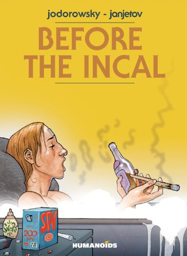 Book cover for Before the Incal showing a person in a tub holding a bottle.