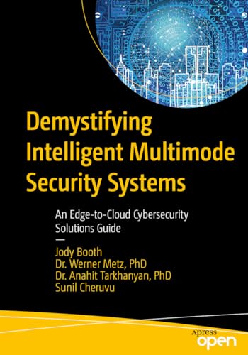 Book cover for "Demystifying Intelligent Multimode Security Systems" with digital cityscape.