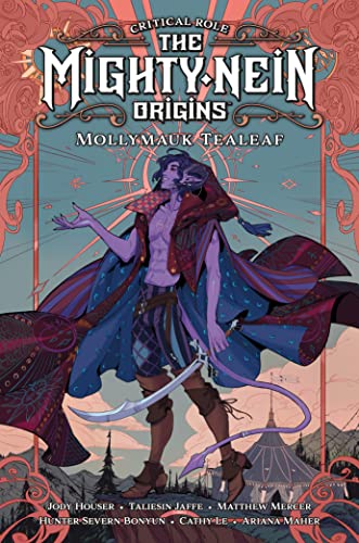 Book cover featuring a purple-skinned character with swords, ornate background.