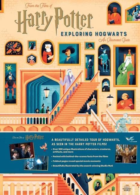 Harry Potter: Exploring Hogwarts" book cover with illustrated staircase and portraits.