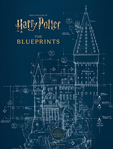Harry Potter: The Blueprints" book cover featuring Hogwarts castle schematics.