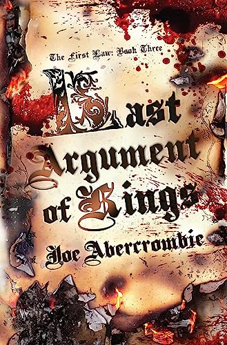 Book cover with ornate title, blood splatters, and a burning edge.