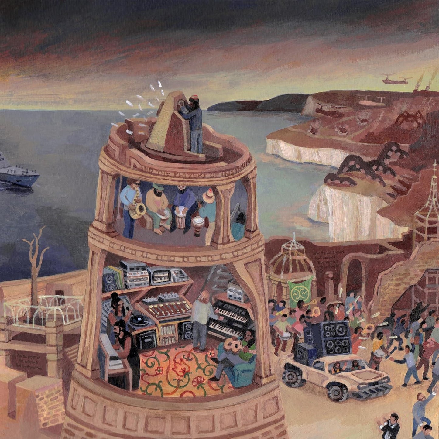 Painted album cover depicting a band playing on a multi-level, circular structure.