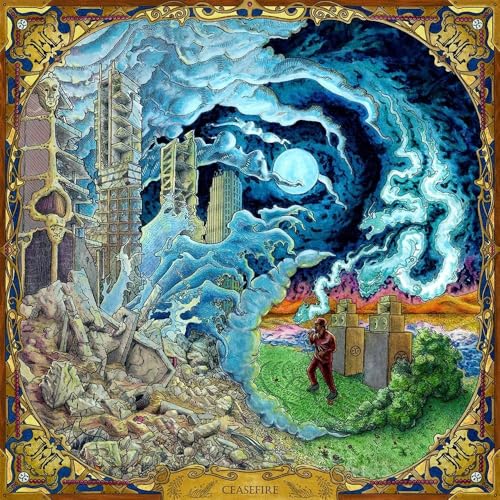 Album cover: surreal landscape with a figure, buildings, and swirling clouds.