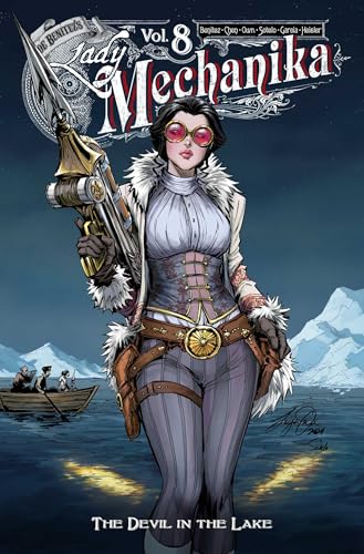 Lady Mechanika comic cover: woman with steampunk gear in a snowy landscape.