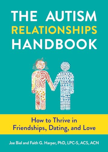 Book cover with title "The Autism Relationships Handbook" and two figures holding hands.