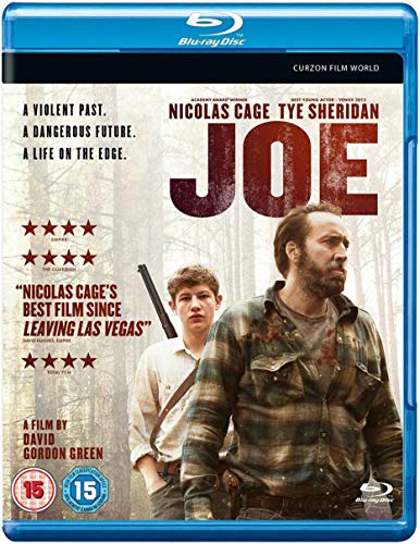 Blu-ray cover for the film Joe featuring Nicolas Cage and Tye Sheridan in woods.
