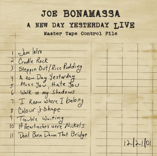 "Album cover with tracklist on graph paper, titled 'Joe Bonamassa - A New Day Yesterday Live'."