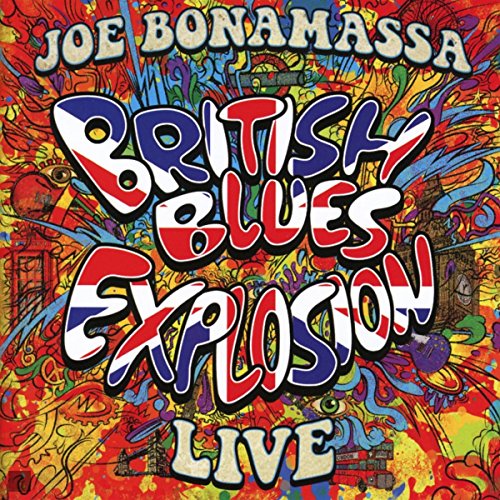 Album cover with colorful psychedelic background and text reading Joe Bonamassa British Blues Explosion Live.