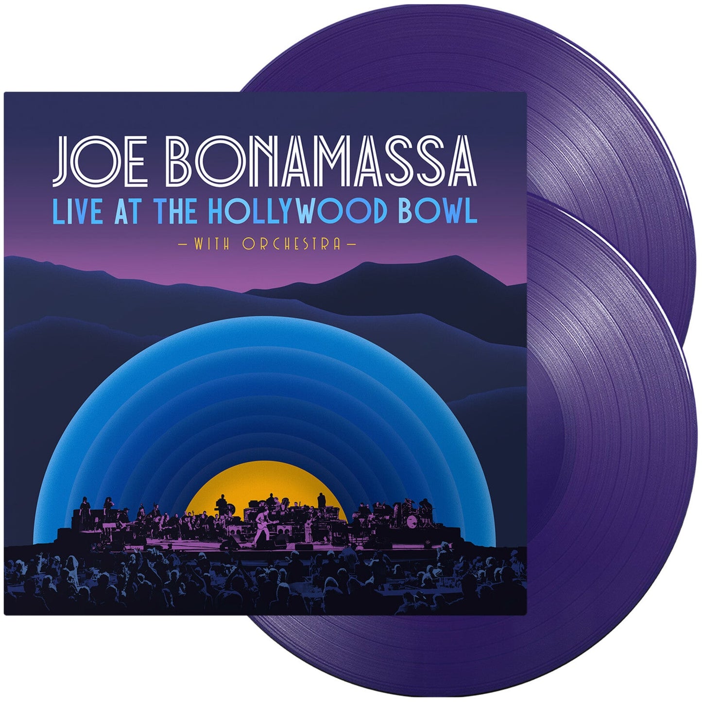 Album cover for Joe Bonamassa Live at the Hollywood Bowl with two purple vinyl records.