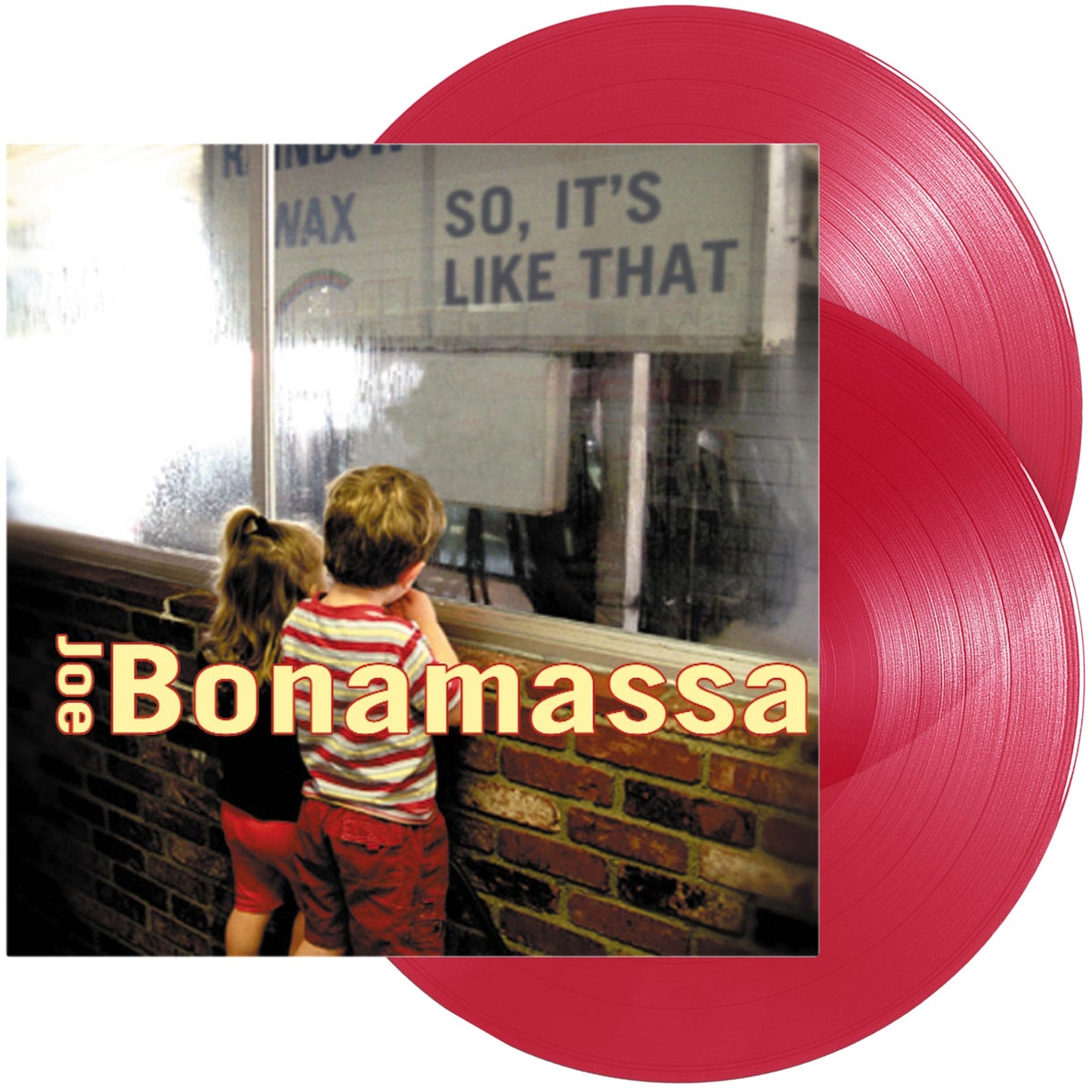 Two red vinyl records displayed next to the So, It's Like That album cover.