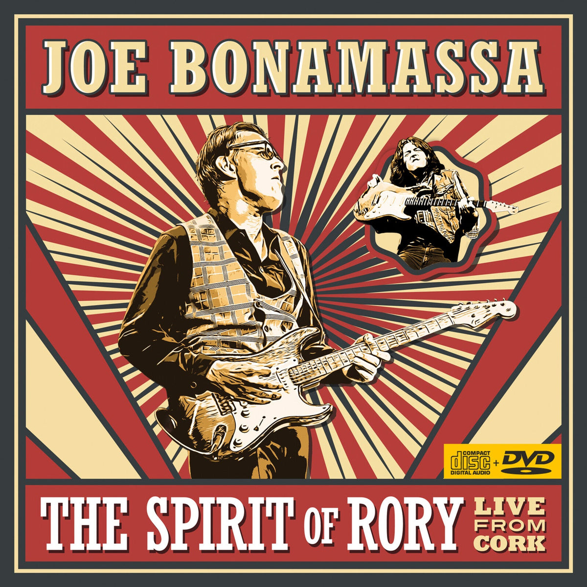 Joe Bonamassa playing guitar with a smaller image of Rory Gallagher on sunburst background.